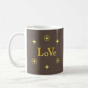 Caneca De Café Amor Dourado e Estrelas no Marrom