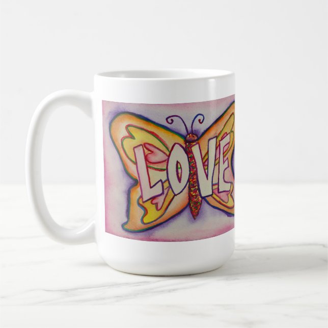 Caneca De Café Amor Palavra Pink Butterfly Art Coffee Cup ou Mug (Esquerda)