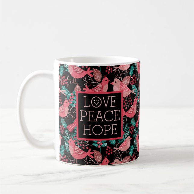 Caneca De Café Amor Paz Esperança Natal Pássaros Vermelhos de inv (Esquerda)