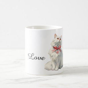 Caneca De Café Amuleto de Coração com Gato Branco e Laço Vermelho