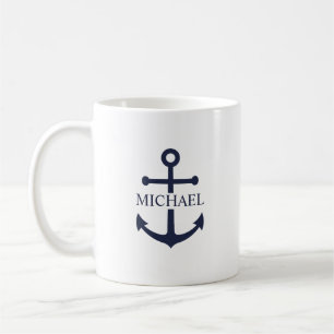 Caneca De Café Âncora Azul Marinho Personalizada Nome