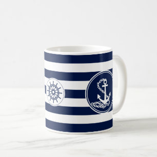 Caneca De Café Âncora, Azul-Roda-do-navio e Branco-Striped