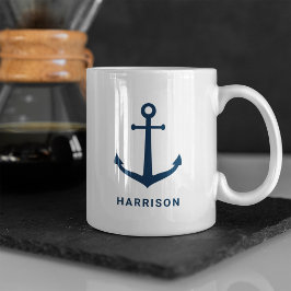 Caneca De Café Âncora do navio com nome personalizado azul Marinh