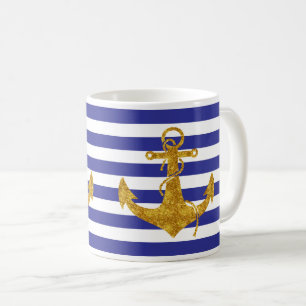 Caneca De Café Âncora Dourada em faixas azuis