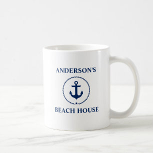 Caneca De Café Âncora náutica do azul da casa de praia do nome
