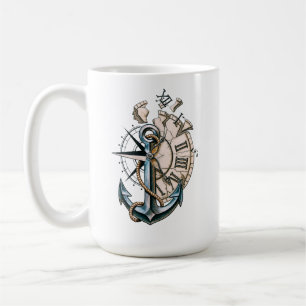 Caneca de Café Âncora Náutica Vintage e Relógio