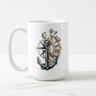 Caneca de Café Âncora Náutica Vintage e Relógio