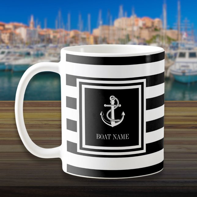 Caneca De Café Âncora Preta-E-Stripe Branca (Boat Name Black And White Stripe Anchor Coffee Mug)