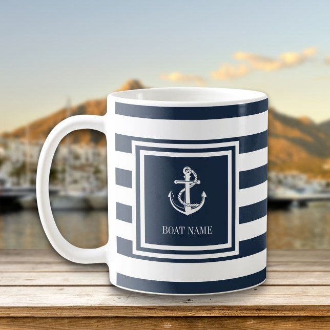 Caneca De Café Ancoragem Náutica Marinho Blue Stripe (Boat Name Navy Blue Stripe Nautical Anchor Coffee Mug)