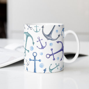 Caneca De Café Âncoras azuis de cor aquosa. Padrão marítimo n