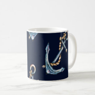 Caneca De Café Âncoras de Aquarela Azul-Marinho