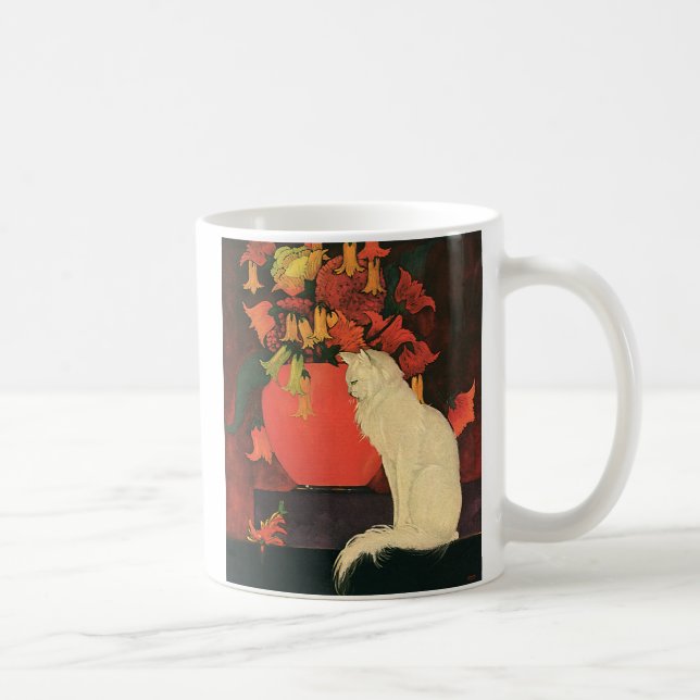 Caneca De Café Animais Antigos, Gato Branco Elegante, Flores de O (Direita)