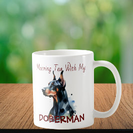 Caneca De Café Animais Doberman em Aquarela Preto Personalizar