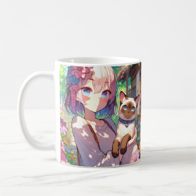 Caneca De Café Anime Girl and Siamese Cat Personalizado (Esquerda)