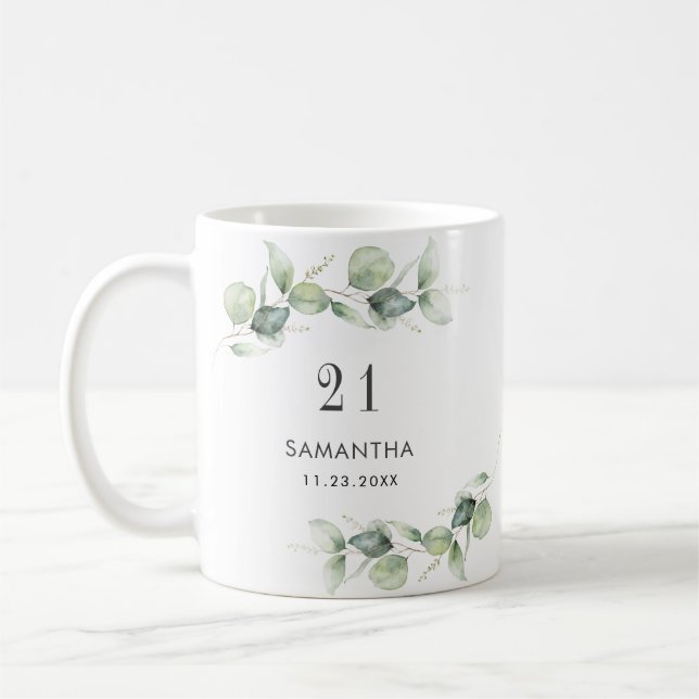 Caneca De Café aniversário de 21 anos Eucalyptus Greenery Monogra (Esquerda)