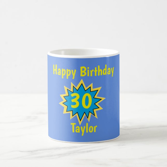 Caneca De Café Aniversário de 30 anos azul feliz e super-herói am (Centro)