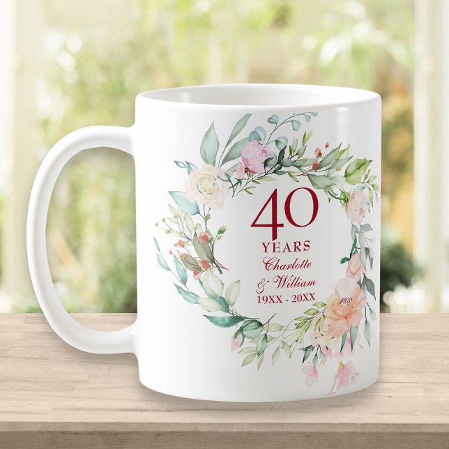 Caneca De Café Aniversário de 40 anos Casamento Rubi Floral Count (Criador carregado)