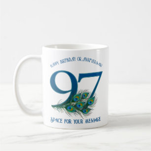 Caneca De Café Aniversário de 97 anos Pena de Pavão Personalizáve