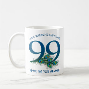 Caneca De Café Aniversário de 99 anos Pena de Pavão Personalizáve