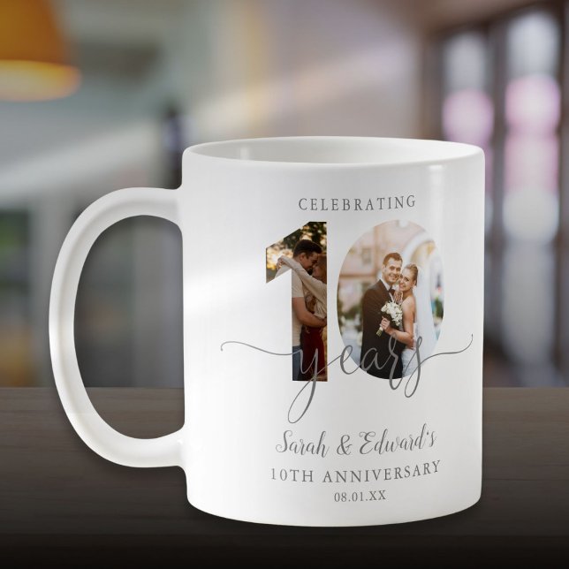 Caneca De Café Aniversário de Casamento de 10 Anos Moderno 2 Foto (Modern 10th Wedding Anniversary 2 Photo Coffee Mug)