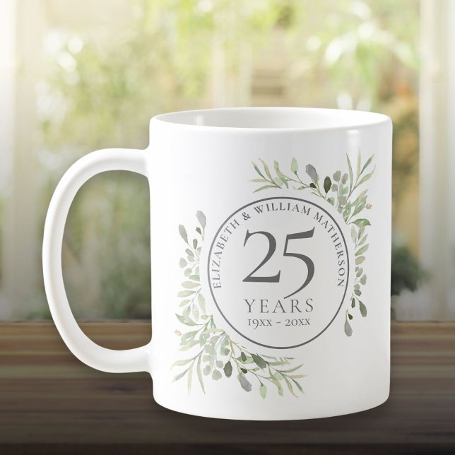 Caneca De Café Aniversário de Casamento de 25 Anos com Aguarela V (Watercolor Greenery 25th Wedding Anniversary Coffee Mug)