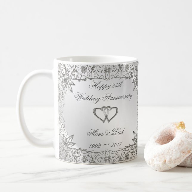 Caneca De Café Aniversário de Casamento de 25 Silver Flourish (Com Donut)