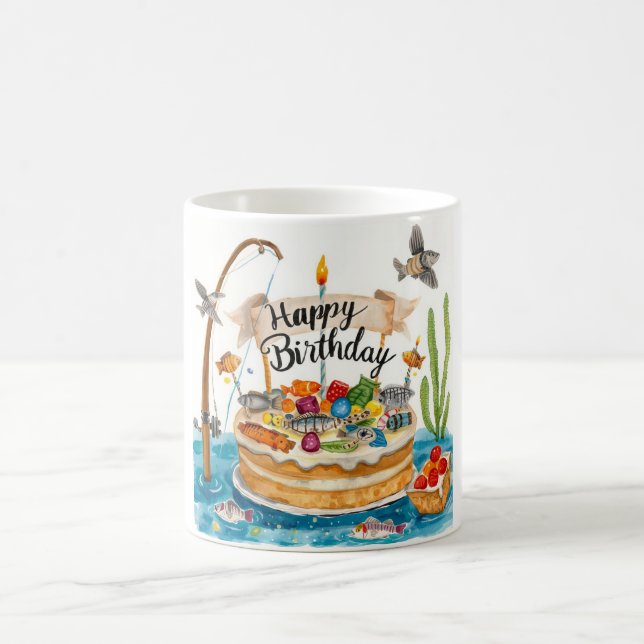 Caneca De Café Aniversário de pesca temido com bolo (Centro)