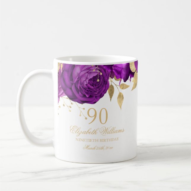 Caneca De Café Aniversário do 90 Floral Dourado (Esquerda)