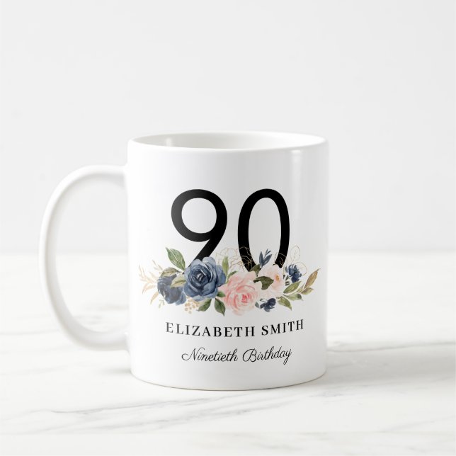 Caneca De Café Aniversário do 90 Personalizado Floral Dourado do  (Esquerda)