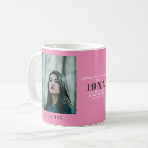 Caneca De Café Aniversário Modelo de Foto Elegante Cinza Rosa Chi