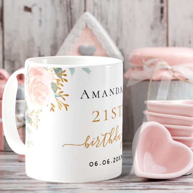 Caneca De Café Aniversário rosa dourado floral eucalipto (Criador carregado)