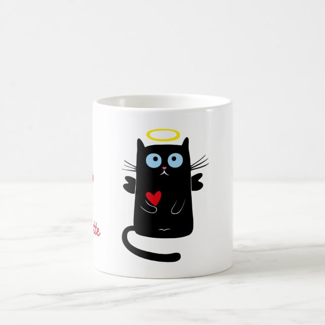 Caneca De Café Anjo bonito do gato com nome personalizado coração (Centro)
