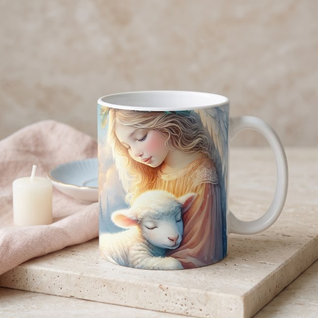 Caneca De Café Anjo de Natal com Cordeiro em Paz Invernal (Christmas Angel with Lamb in Winter Peace Coffee Mug)