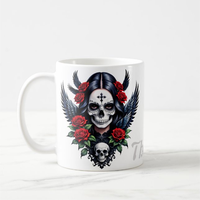 Caneca De Café Anjo do Crânio de Açúcar com Rosas. (Esquerda)