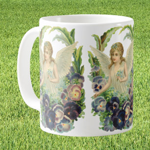 Caneca De Café Anjo Páscoa vitoriano com flores de pansos roxos