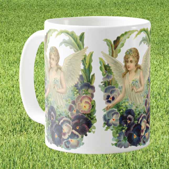 Caneca De Café Anjo Páscoa vitoriano com Flores Pansy Roxas (Criador carregado)