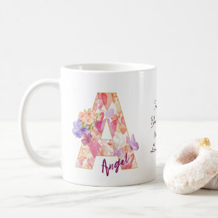 Caneca De Café Anjo Personalizado Inicial A com Padrão de Coração