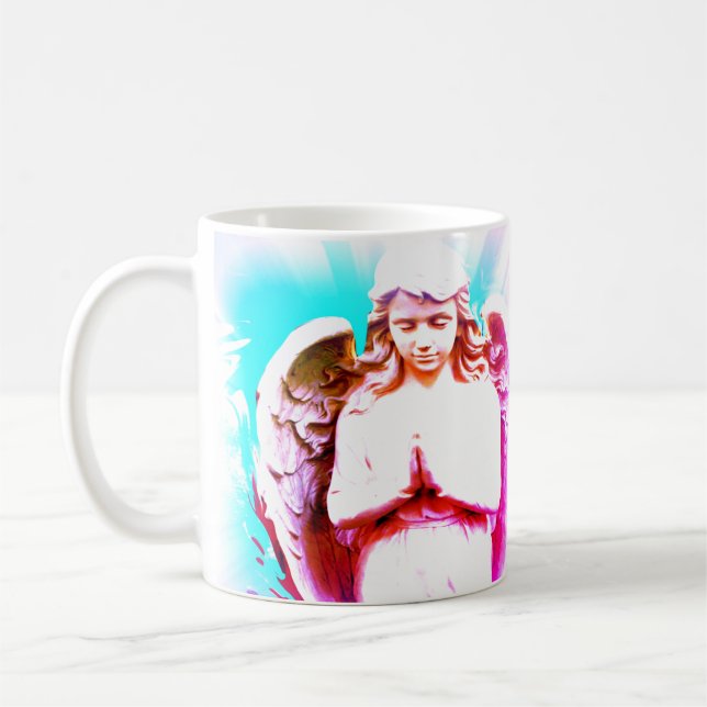Caneca De Café Anjo Rezando Rosa Aqua Azul Céu Espiritual (Esquerda)