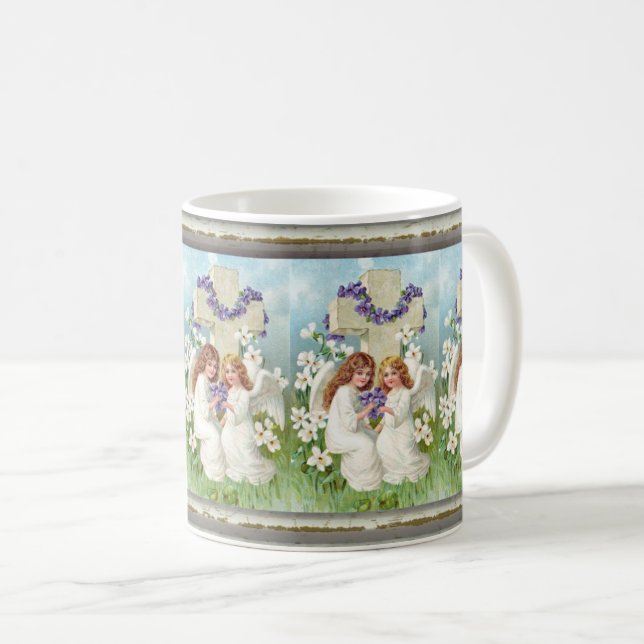 Caneca De Café Anjos Fofos Com Cruz E Flores  (Frente Esquerda)