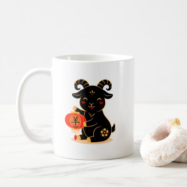 Caneca De Café Ano do Bode Preto Fofinho 2027 (Com Donut)