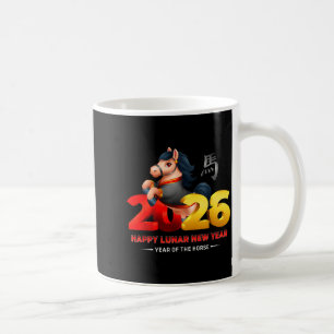 Caneca De Café Ano do Cavalo Fofo - Preto Diversão Feliz Ano Novo