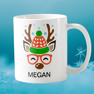 Caneca De Café Antílope de Férias com Touca e Óculos Cara de Rena