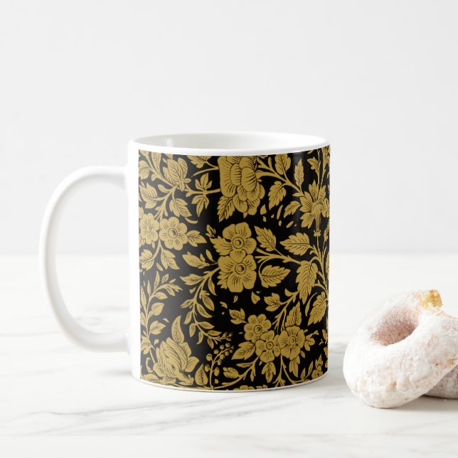 Caneca De Café Antique Gold Floral Indian Lac-work Black Pattern (Com Donut)
