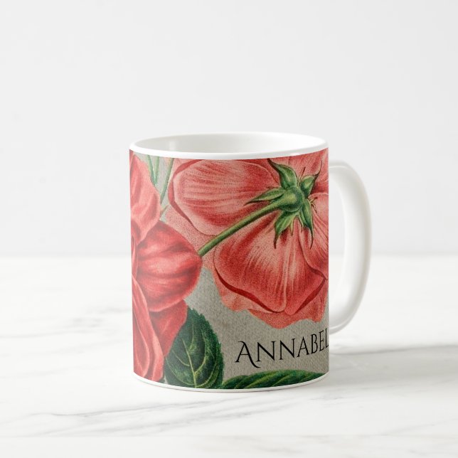 Caneca De Café Antique Red Rose Art on Grey Personalised (Frente Esquerda)