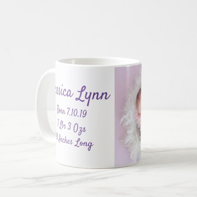 Caneca De Café Anuncie a Data de Nascimento do Bebê com Foto (Frente Esquerda)