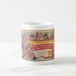 CANECA DE CAFÉ ANÚNCIO COLORIDO DE JORNAL DA ERA DA SEGUNDA GUERR