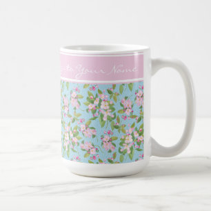 Caneca De Café Apple cor-de-rosa floresce nos azul-céu, banda
