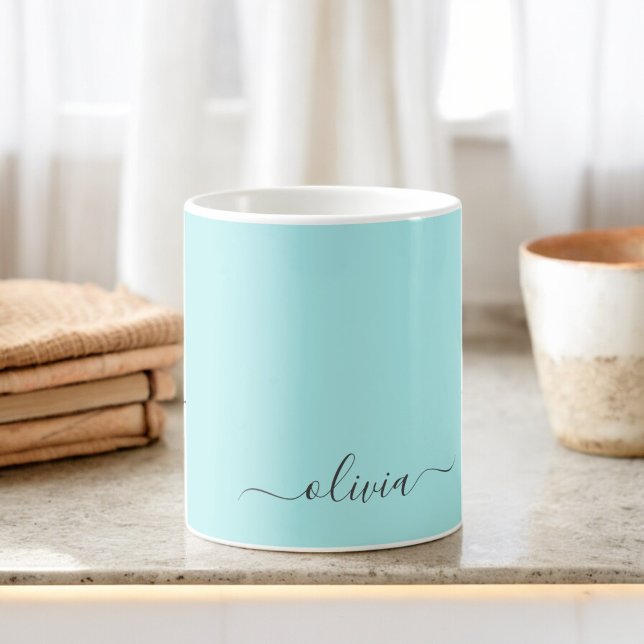 Caneca De Café Aqua Azul Teal Feminino Nome Monograma Moderno (Criador carregado)