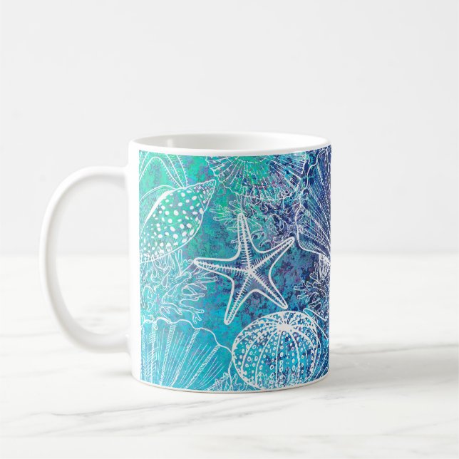 Caneca De Café Aqua Blue Ocean Sealife Seashells (Esquerda)
