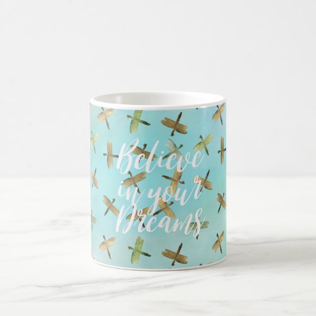 Caneca De Café Aqua Mint Dragonflies Dourados acreditam em sonhos (Centro)